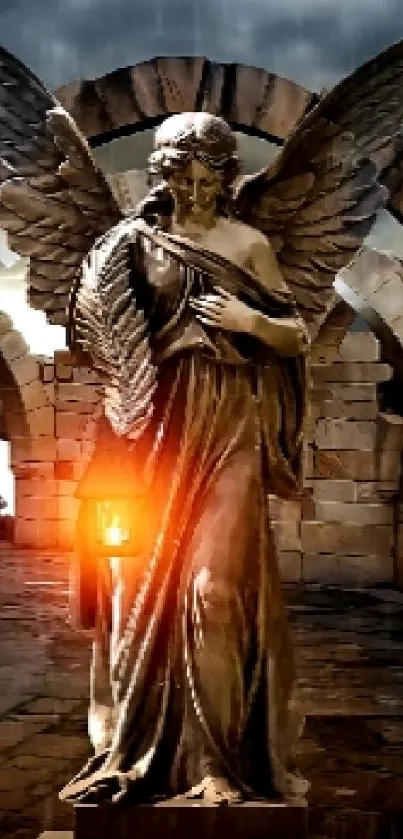 Gothic angel statue with lantern under a stormy sky.
