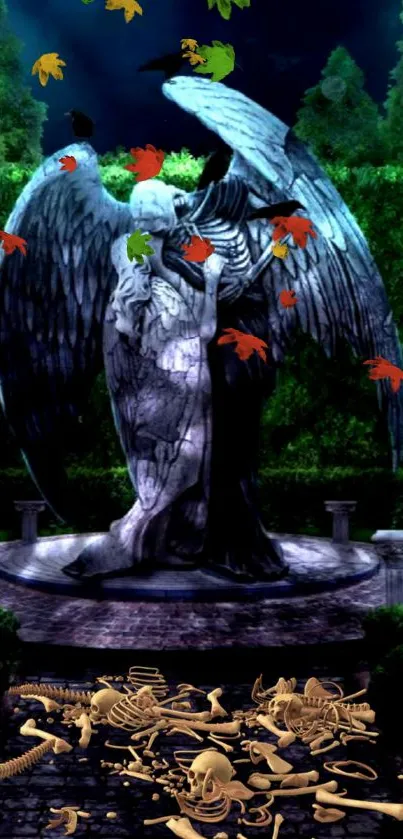 Gothic angel statue with autumn leaves in a mystical garden setting.