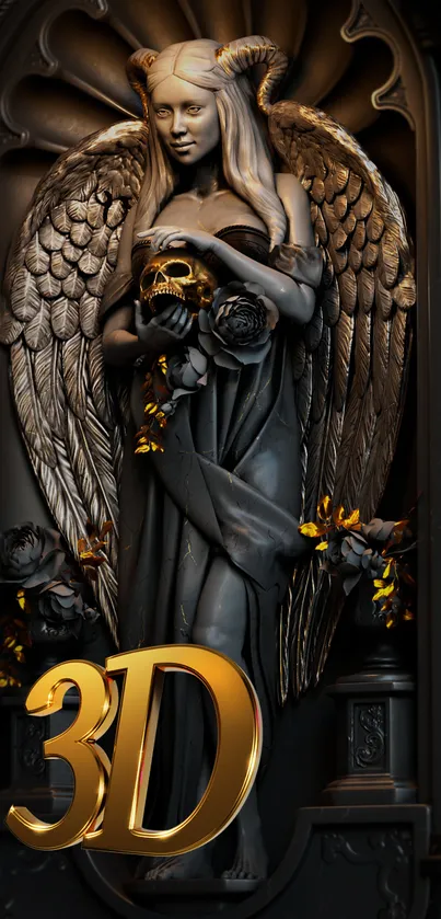 Gothic angel statue with wings and ornate design in dark tones.