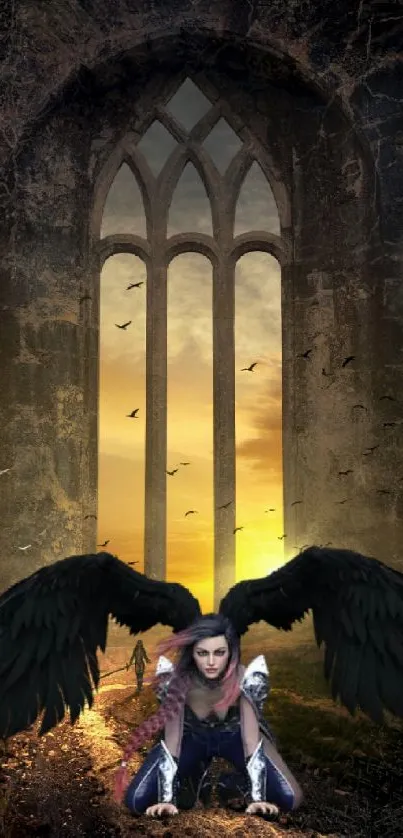 Gothic fantasy wallpaper featuring angel at sunset with dark wings.