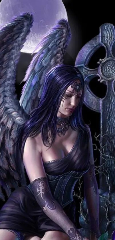 Dark angel with wings in a mystical scene.