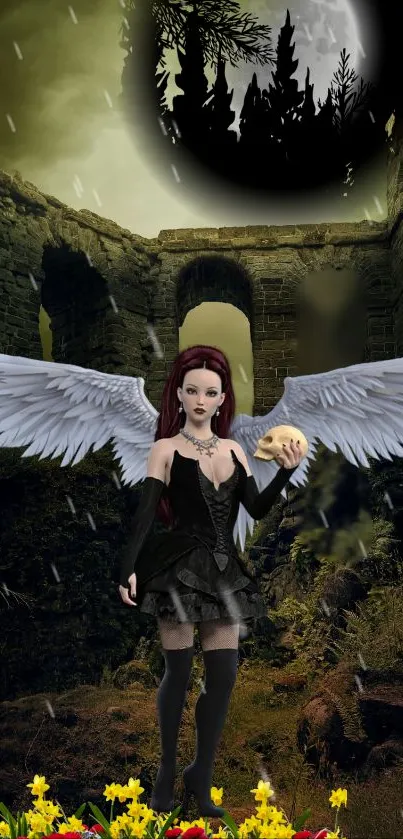 Gothic angel with wings holds skull amidst dark ruins under moonlight.