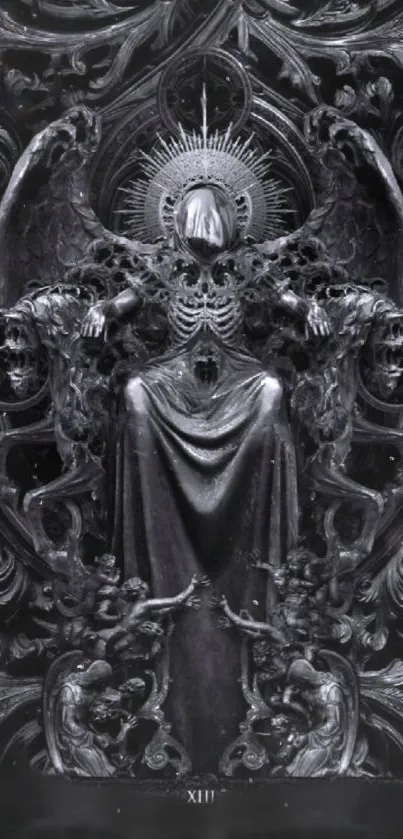 Gothic angelic figure in monochrome with intricate details.