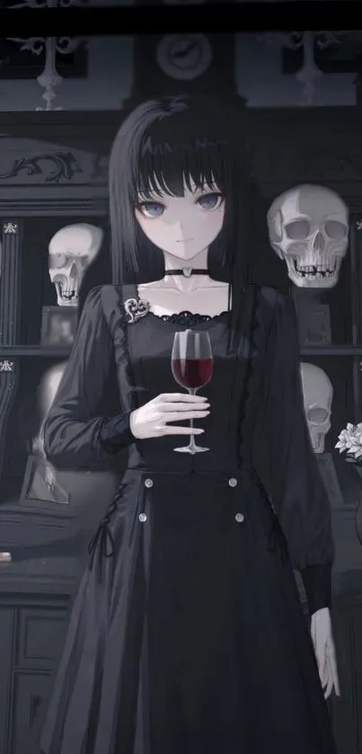 Gothic anime wallpaper with mysterious character holding a glass of wine.