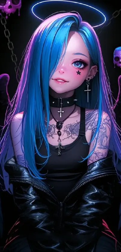 Gothic anime angel with blue hair and wings.