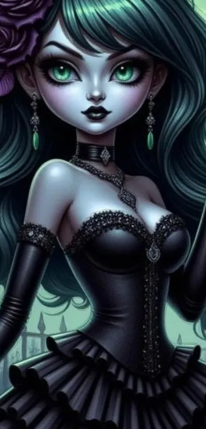 Gothic anime art with teal-haired character.