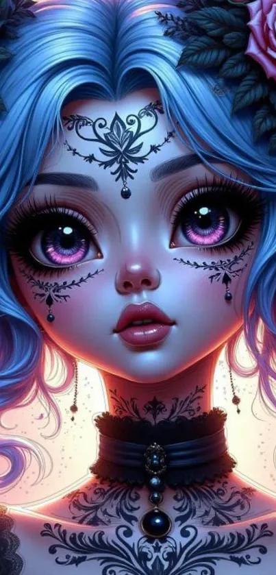 Gothic anime art with vivid blue tones and pink accents.