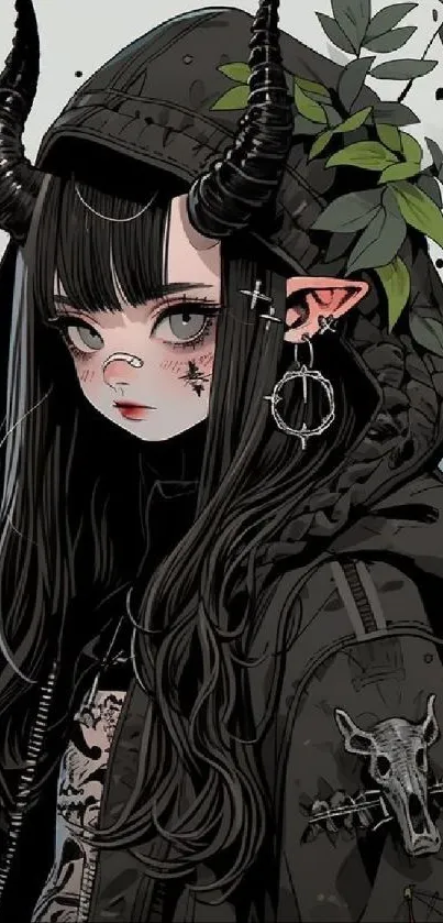 Gothic anime character with black horns and intricate art design.