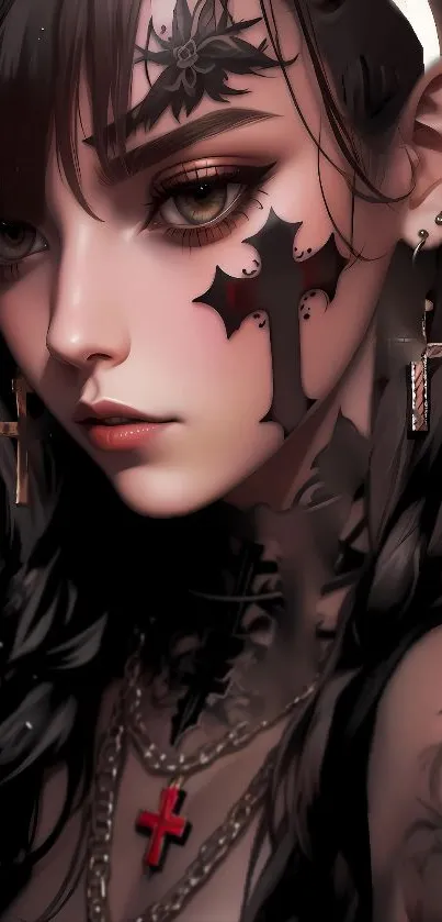 Anime-inspired gothic artwork with tattoos and deep hues.