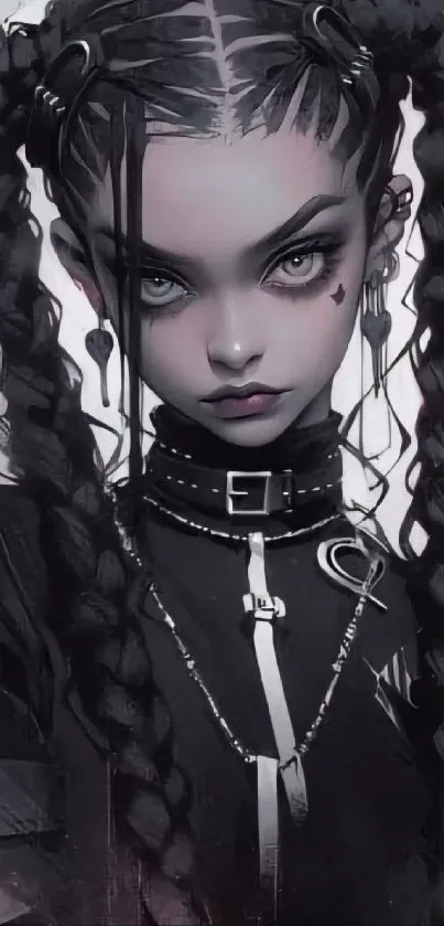 Gothic anime character with braided hair in dark tones, perfect for a mobile wallpaper.