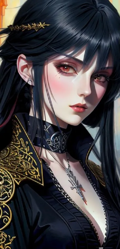 Gothic anime female character with dark hair in a mystic setting.