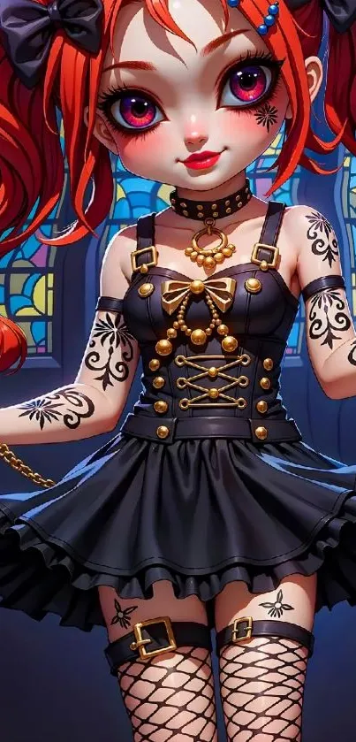 Gothic anime character with tattoos and red hair in vibrant colors.