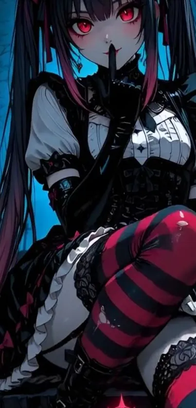 Gothic anime character with red eyes in dark setting.