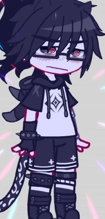 An anime character with gothic black and white attire, featuring red accents.