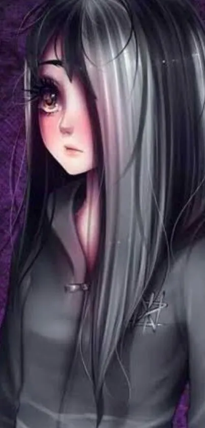 Anime girl with long black hair on a purple background.