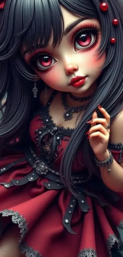 Gothic anime girl with red dress and striking eyes