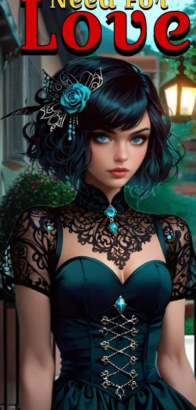 Gothic anime girl with teal dress and intricate details.