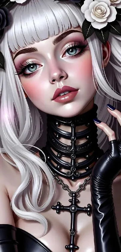 Gothic anime girl with flowers and choker.