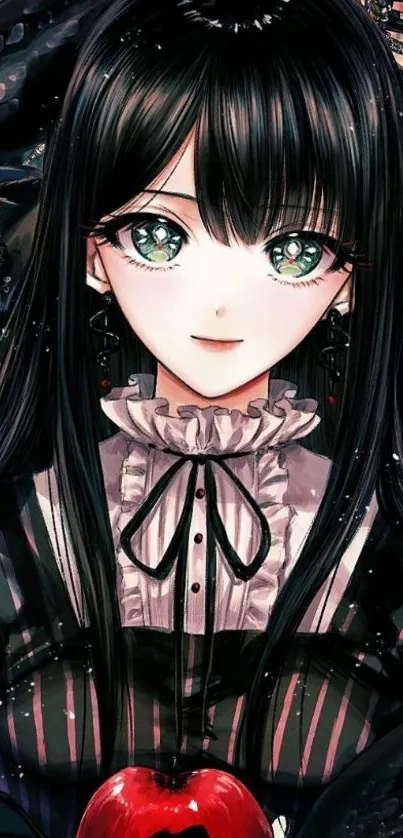 Gothic anime girl holding a red apple.