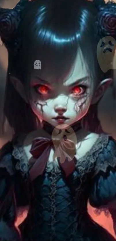 Gothic anime girl with glowing red eyes and ghostly elements.