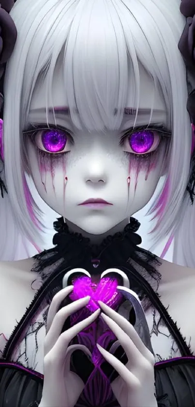 Gothic anime girl with purple eyes and roses, holding a glowing heart.