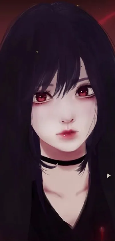 Gothic anime girl with dark hair and red eyes as phone wallpaper.