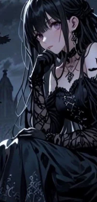 Gothic anime girl in dark setting with raven