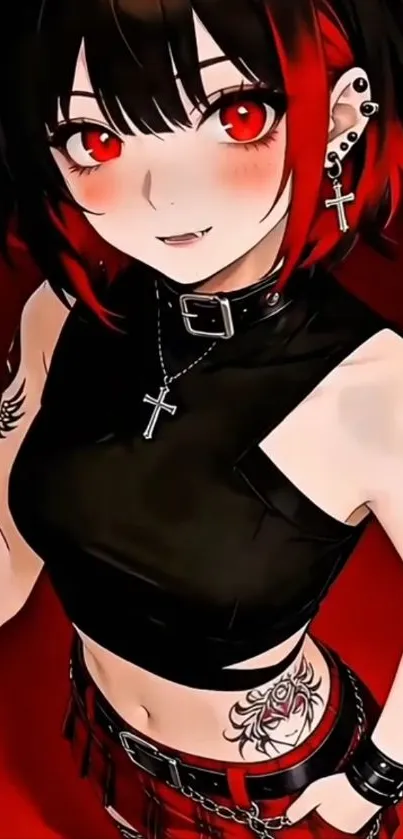 Gothic anime girl with tattoos and red eyes.