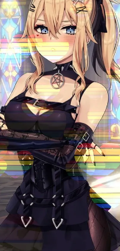 Gothic anime girl in black outfit with stained glass background.