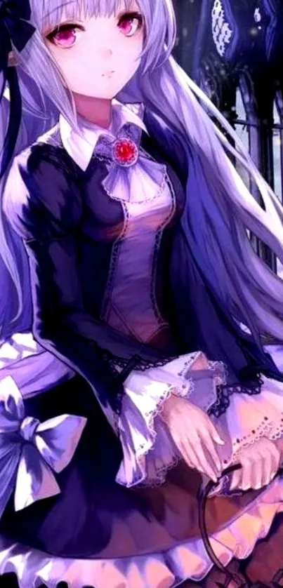 Gothic anime girl in purple and black outfit with a lantern.