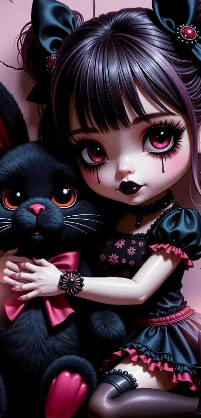 Gothic anime girl with a black rabbit and candles.