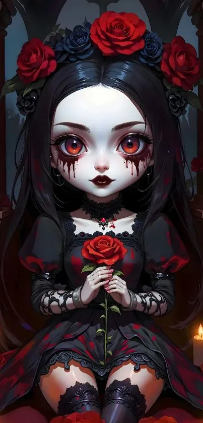 Gothic anime character with roses and candles.