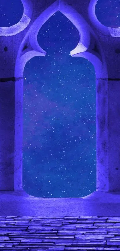 Gothic arch framing a starry night sky in vibrant violet hues.