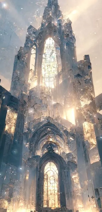 Gothic architecture dreamscape with glowing stained glass and light rays.