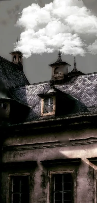 Gothic rooftop with dark clouds in moody atmospheric wallpaper.