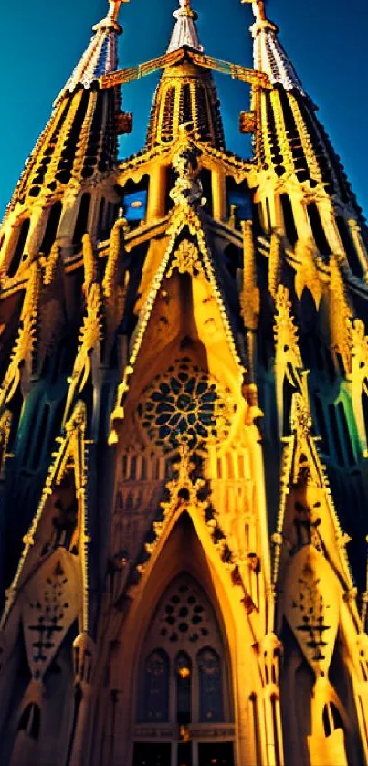 La Sagrada Familia in golden sunset hues, showcasing its intricate Gothic design.