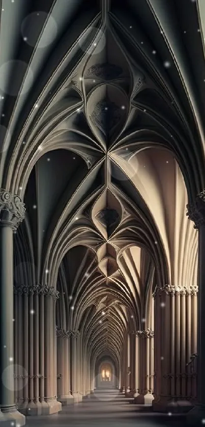 Gothic cathedral interior with arches and columns, in soft lighting.