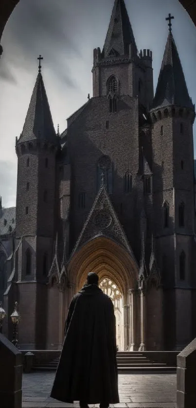 Silhouette in front of Gothic castle with medieval spires.