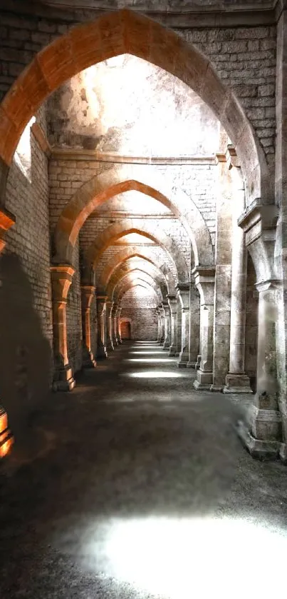 Gothic archway with stone columns and soft light in a medieval corridor.