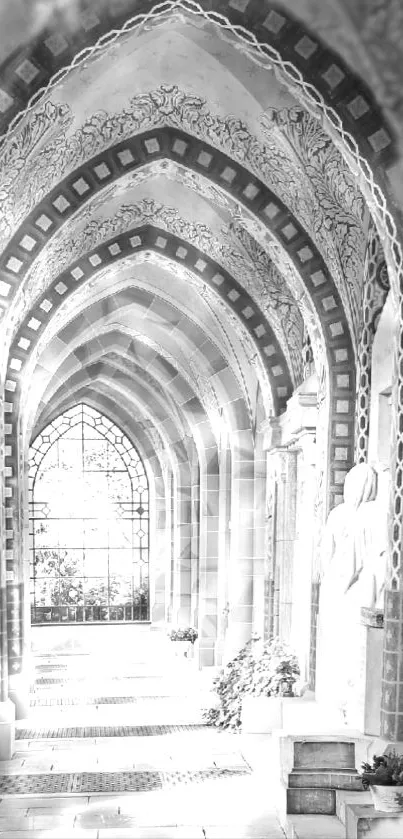 Monochrome Gothic archway with intricate architectural details.