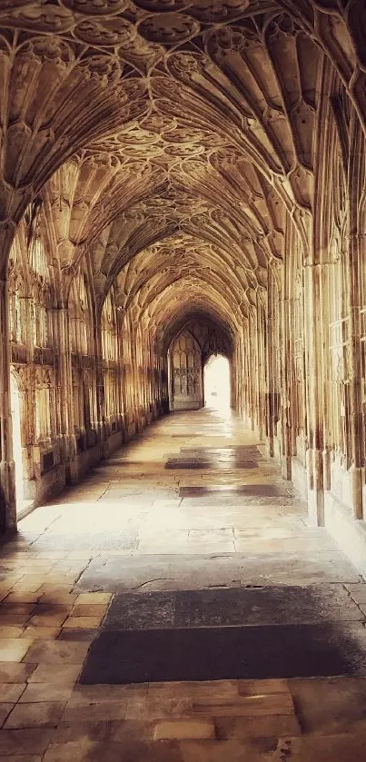 A picturesque Gothic hallway with intricate stone details and warm lighting.