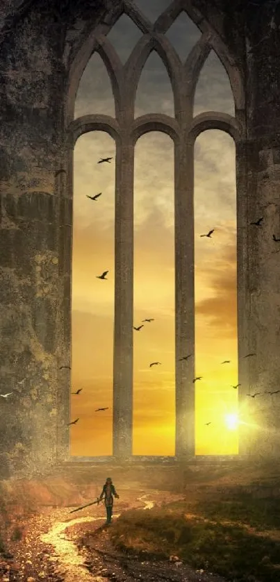 Gothic archway with sunset and birds mobile wallpaper.