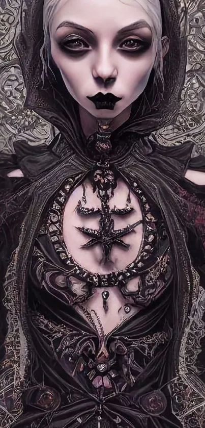 Gothic dark fantasy wallpaper with mystical figure and intricate design.