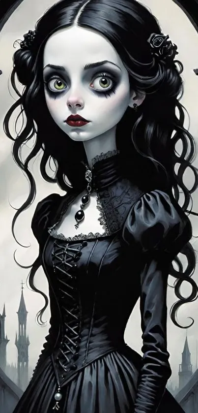 Gothic anime girl in dark, elegant attire with expressive eyes.