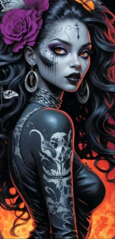 Gothic woman with tattoos and flowers in mystical artwork.