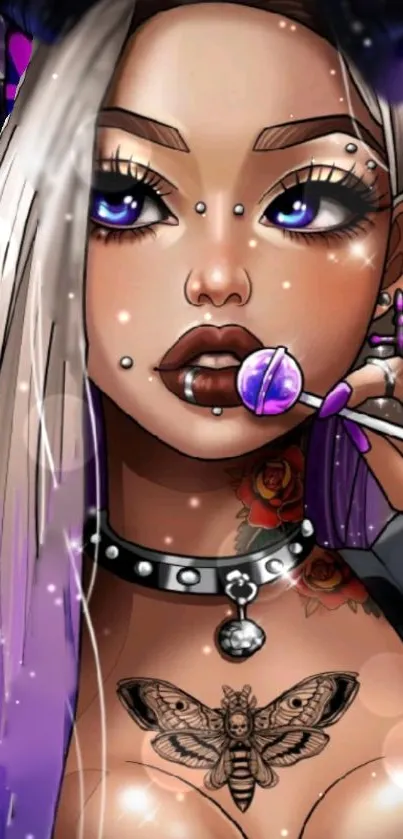 Gothic art girl with lollipop and purple accents.