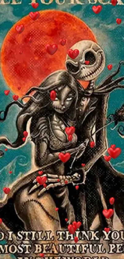 Gothic art wallpaper with skeleton and woman under red moon.