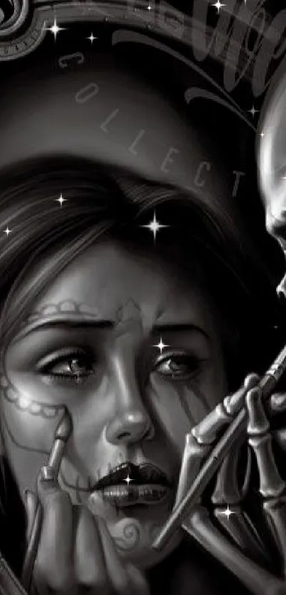 Gothic art wallpaper featuring a woman and a skeletal figure in grayscale.