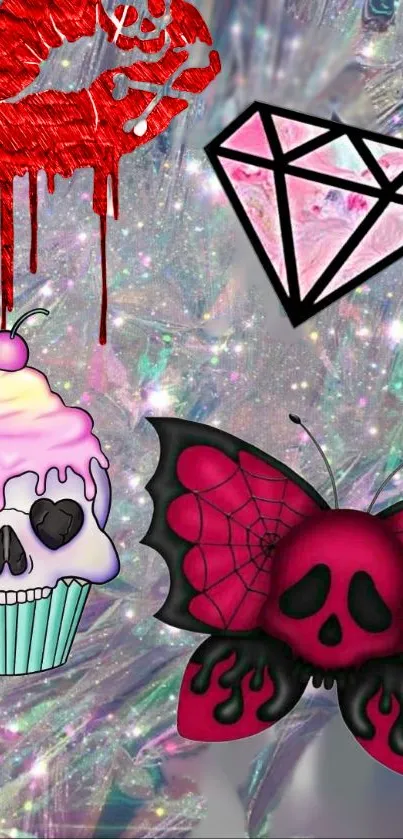 Gothic art wallpaper with skulls, butterfly, and holographic background.