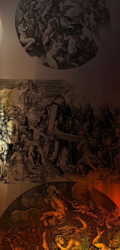 Intricate gothic art wallpaper with renaissance illustrations in dark tones.